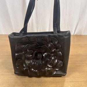 Paolo Masi Top Handle Bag Womens Small Black Leather Flower Applique Purse Italy